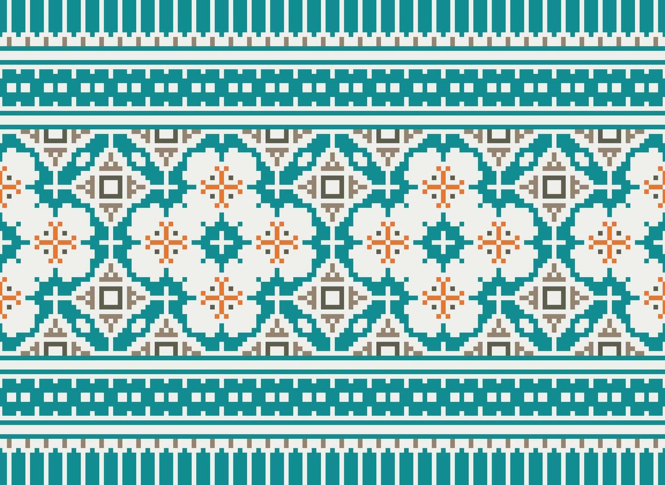 Cross Stitch pattern with Floral Designs. Traditional cross stitch needlework. Geometric Ethnic pattern, Embroidery, Textile ornamentation, fabric, Hand stitched pattern, Cultural stitching pixel art. vector