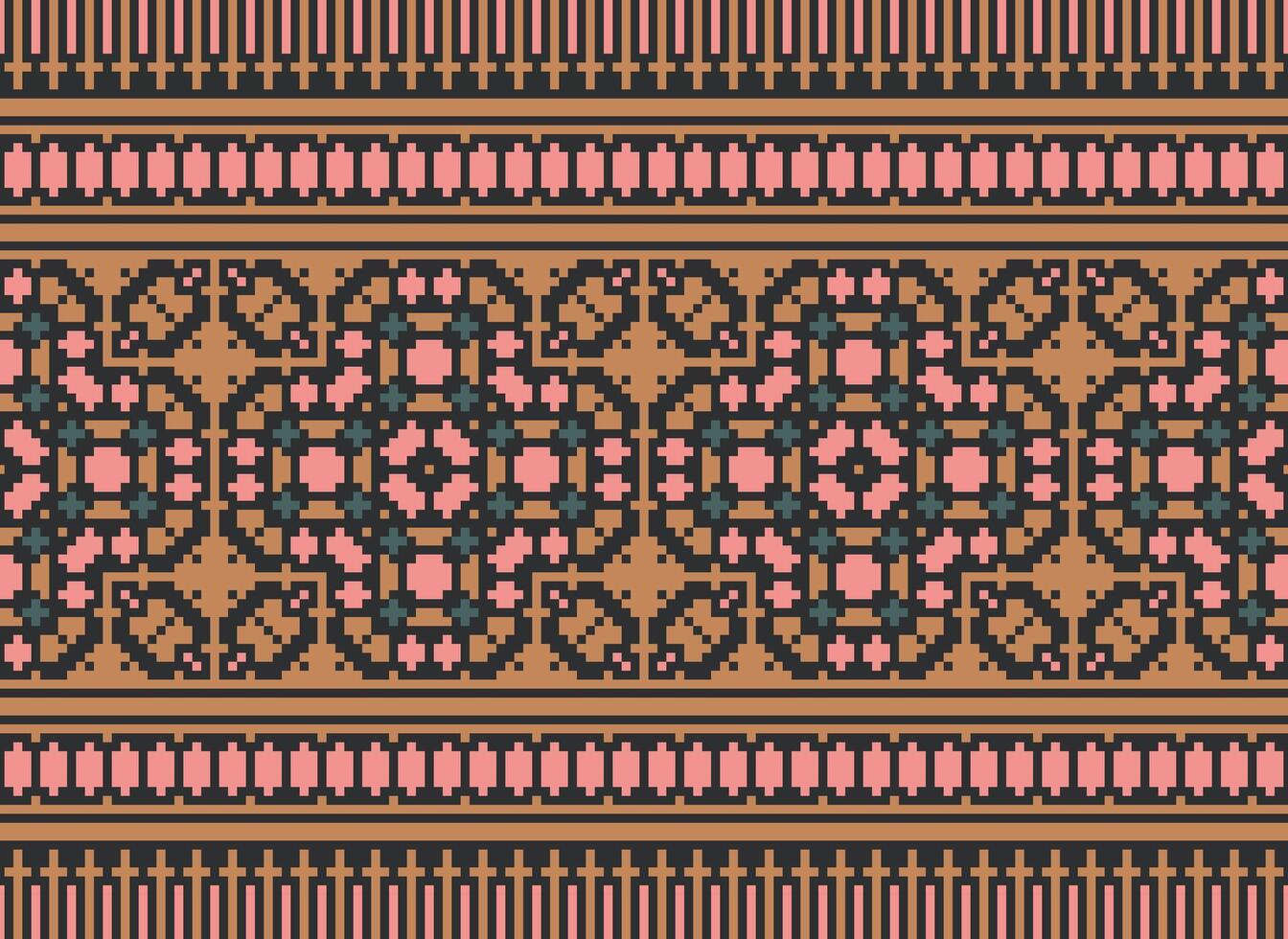 Pixel Cross Stitch pattern with Floral Designs. Traditional cross stitch needlework. Geometric Ethnic pattern, Embroidery, Textile ornamentation, fabric, Hand stitched pattern, pixel art. vector