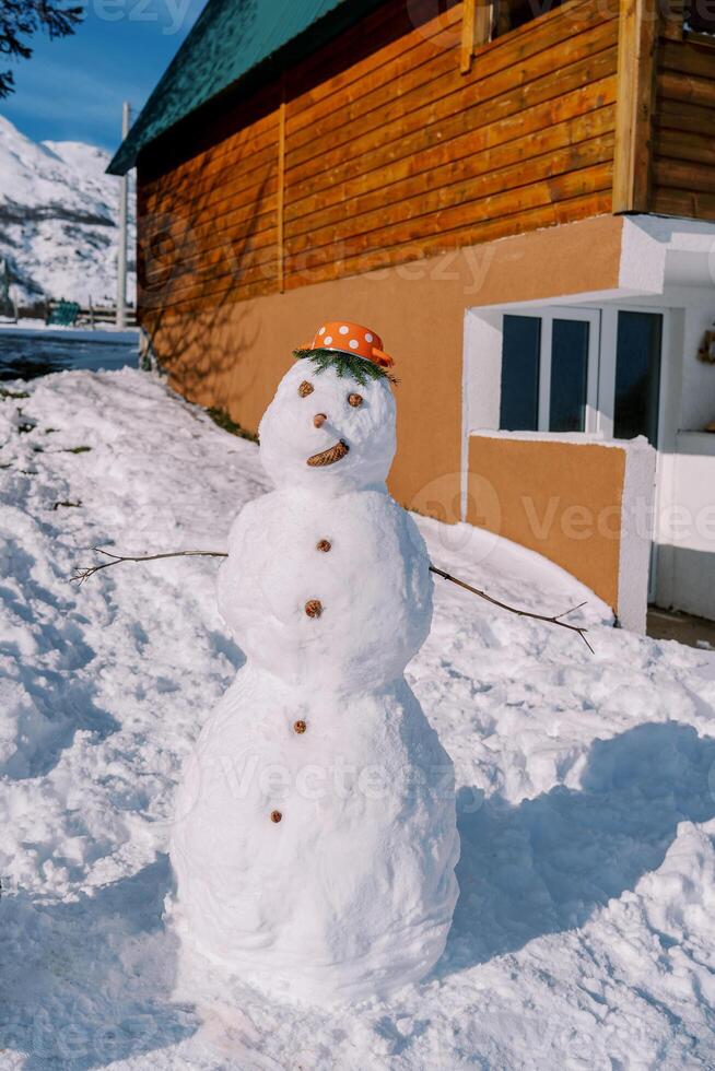 Smiling snowman in a hat-saucepan stands near a wooden chalet in the snow photo