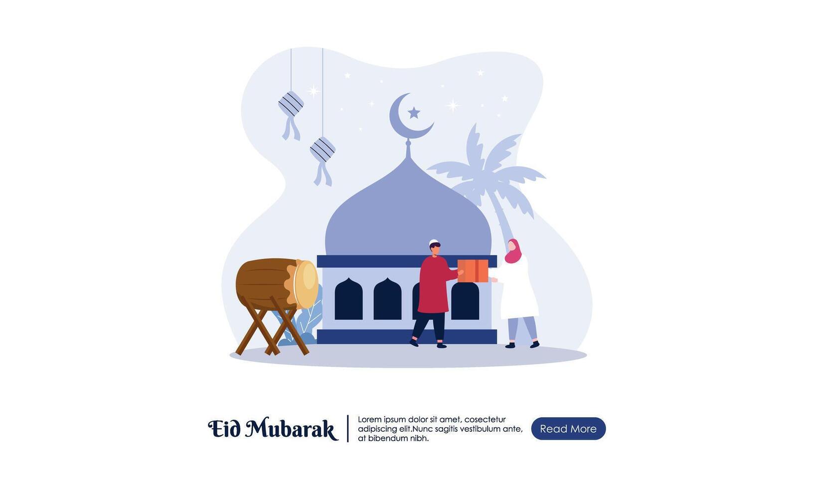 contento eid Mubarak o Ramadán saludo con personas personaje ilustración. vector