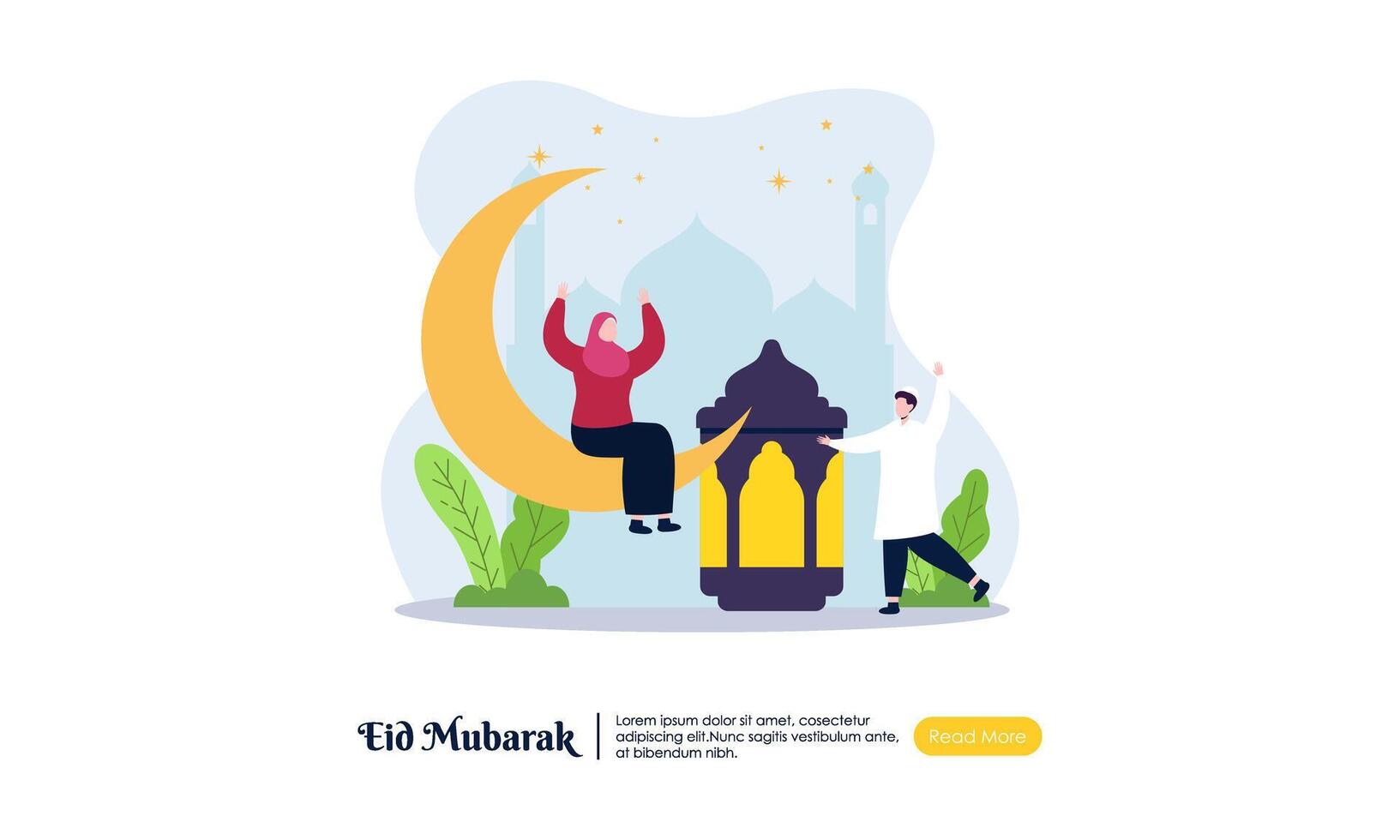 contento eid Mubarak o Ramadán saludo con personas personaje ilustración. vector