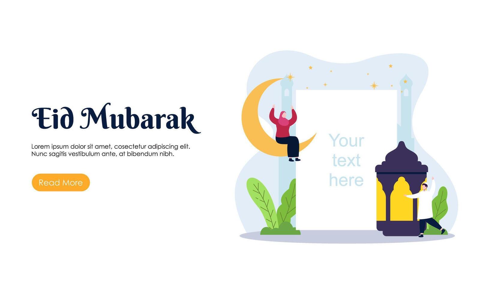 Happy Eid Mubarak or Ramadan Greeting with People Character Illustration.  Islamic Design Template for Banner, Landing Page or Poster. vector