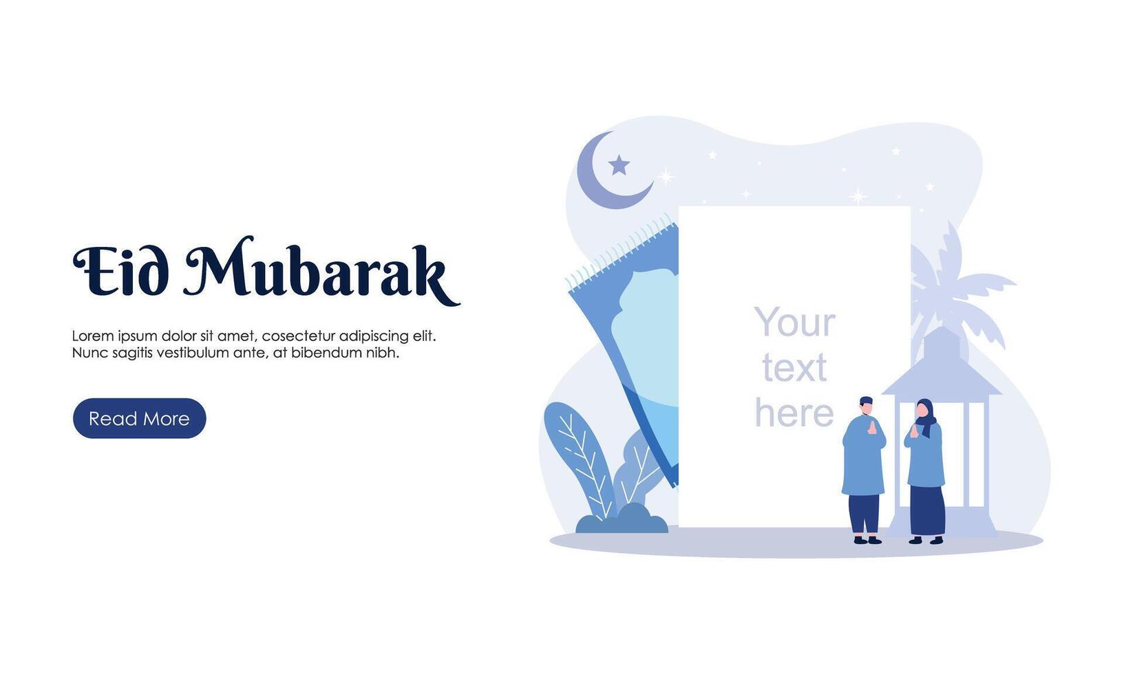 contento eid Mubarak o Ramadán saludo con personas personaje ilustración. islámico diseño modelo para bandera, aterrizaje página o póster. vector