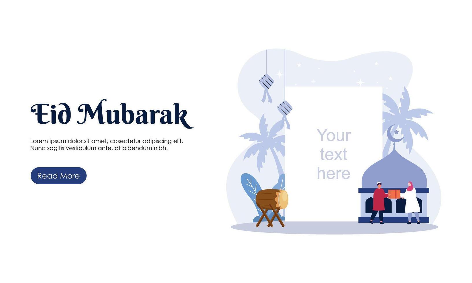 Happy Eid Mubarak or Ramadan Greeting with People Character Illustration.  Islamic Design Template for Banner, Landing Page or Poster. vector