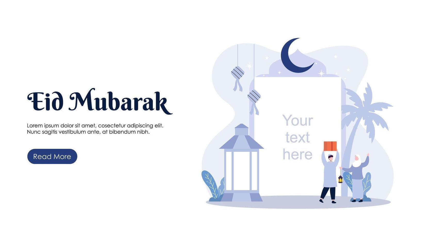 Happy Eid Mubarak or Ramadan Greeting with People Character Illustration.  Islamic Design Template for Banner, Landing Page or Poster. vector