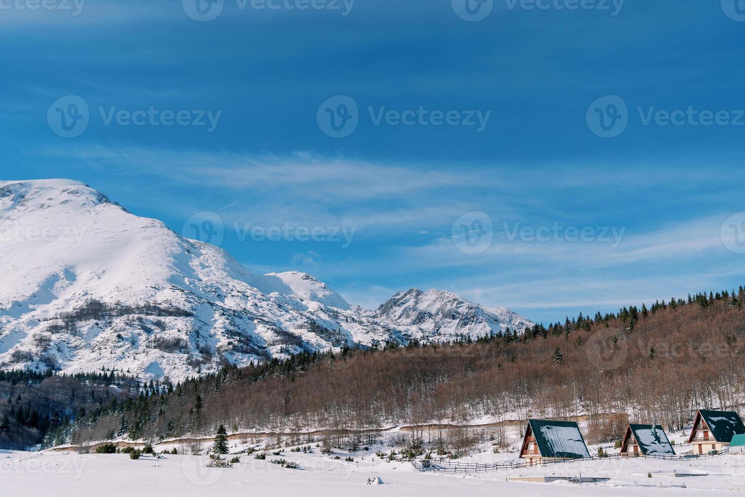 Small houses with triangular roofs in a snowy village in a mountain valley photo