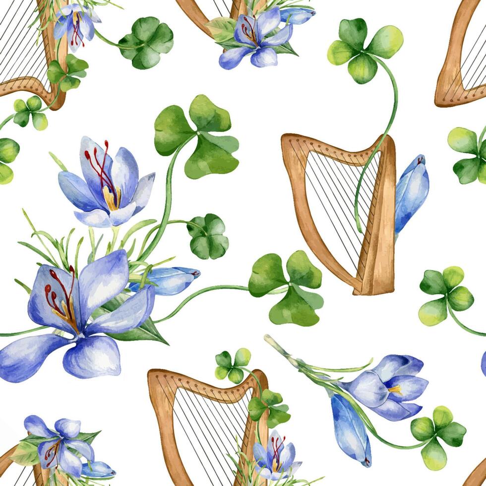 Harp and spring flowers watercolor seamless pattern isolated on white. Painted green clover with crocus and string musical instrument. Irish symbol hand drawn. Design for St. Patrick day, paper. vector