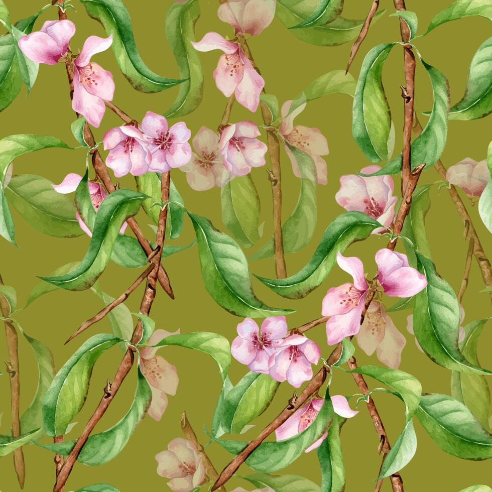 Watercolor blossom branch of tree with pink flowers seamless pattern isolated on green. Blooming fruit tree branch hand drawn. Design element for packaging, cosmetic, backdrop, wallpaper, textile. vector