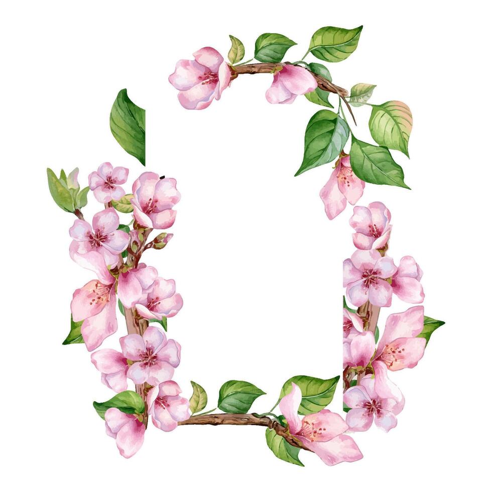 acuarela marco con rosado flores de Fruta árbol aislado en blanco. diseño modelo de floral marco con florecer rama mano dibujado. elemento para Boda invitación, tarjeta, embalaje, etiqueta producto. vector