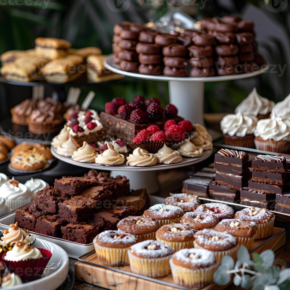 Table laid out with a variety of sweet baked goods like cupcakes and brownies photo