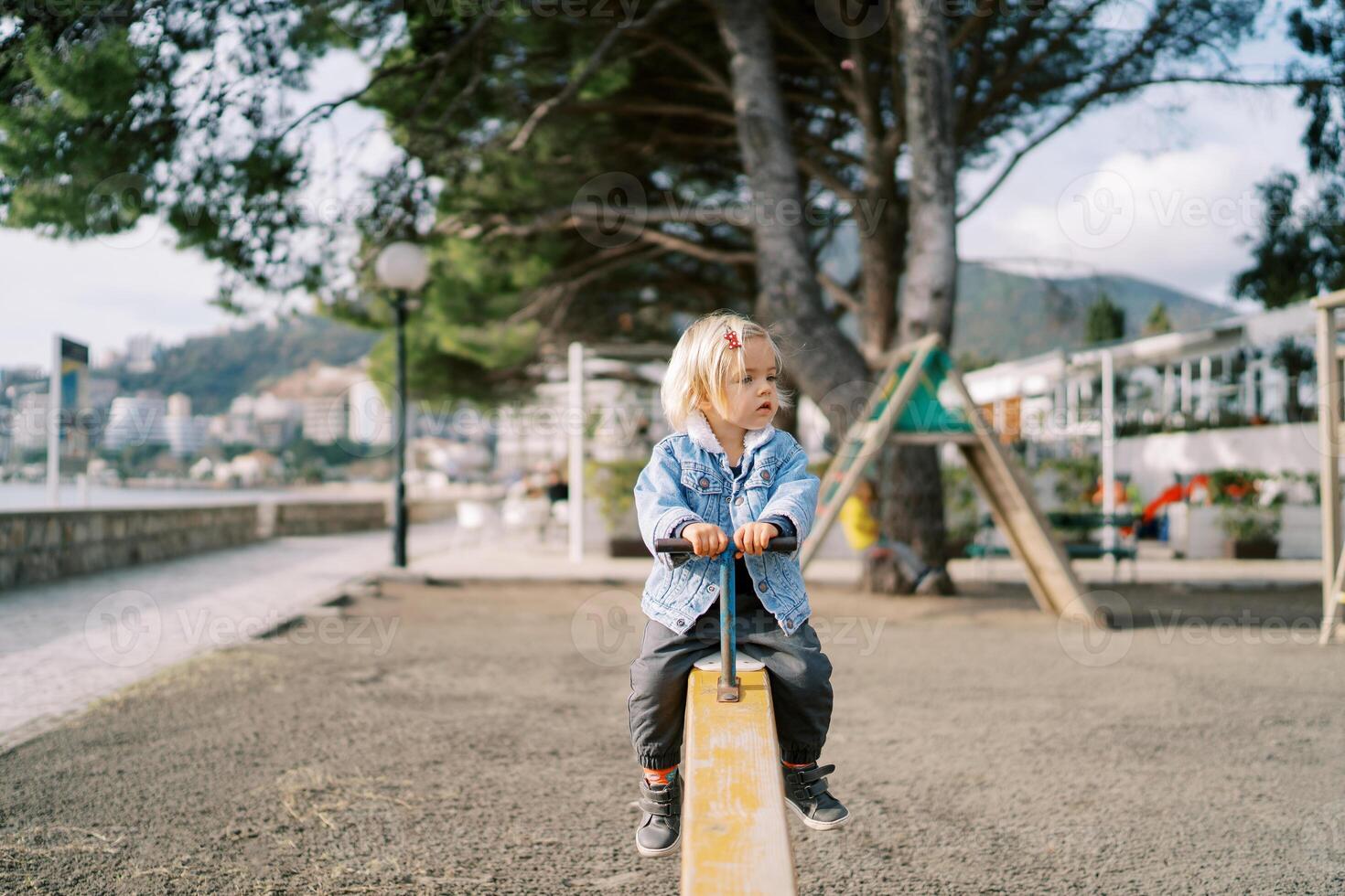 Little girl sits on a swing-balancer holding the handle photo