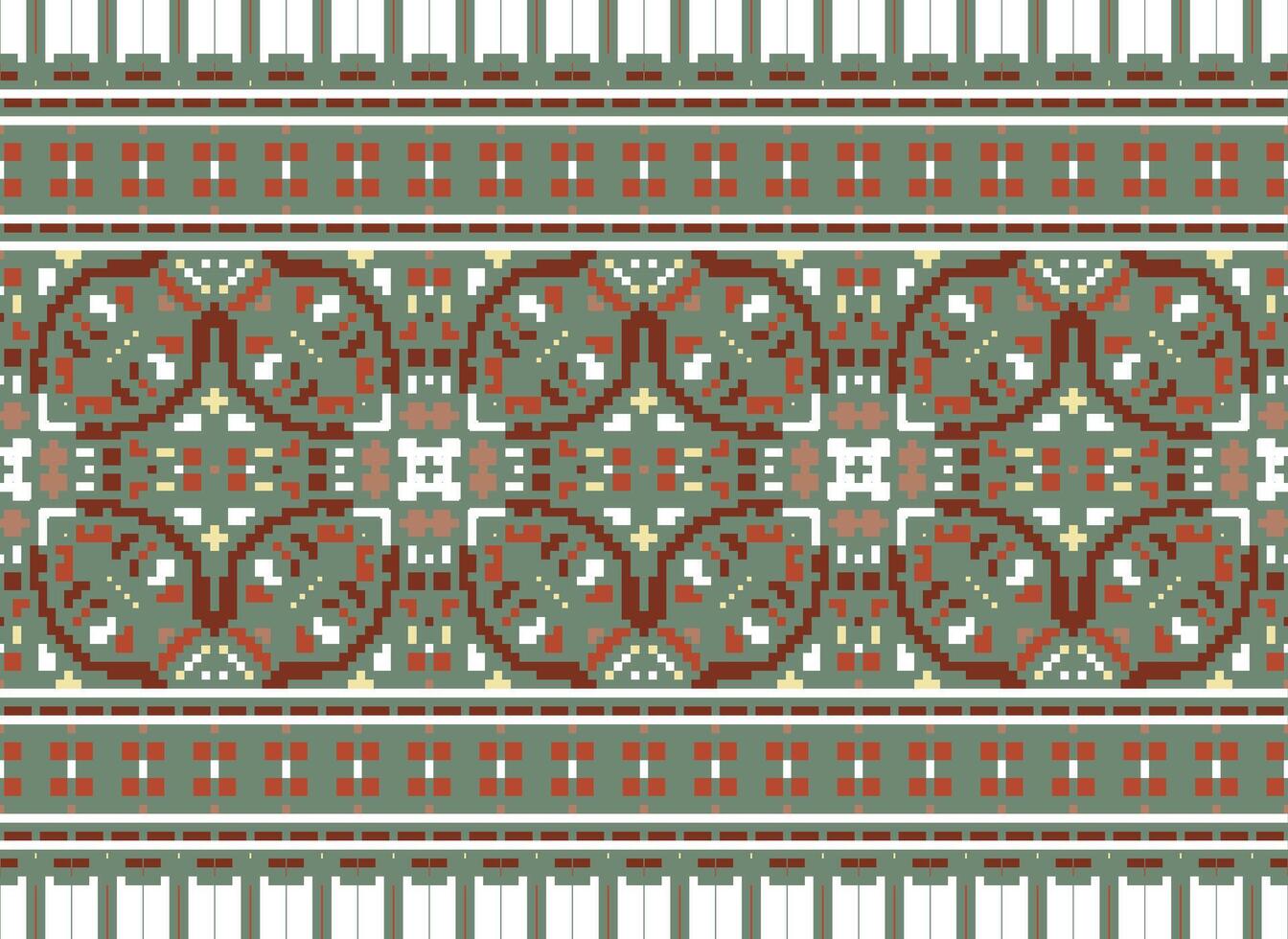 Pixel Cross Stitch pattern with Floral Designs. Traditional cross stitch needlework. Geometric Ethnic pattern, Embroidery, Textile ornamentation, fabric, Hand stitched pattern, pixel art. vector