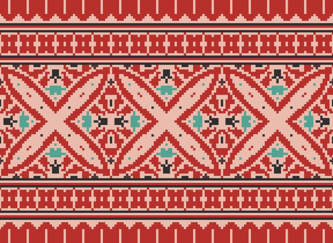 Pixel Ukrainian, Belarusian folk art vector seamless pattern in red and black, inpisred by traditional embroidery Vyshyvanka