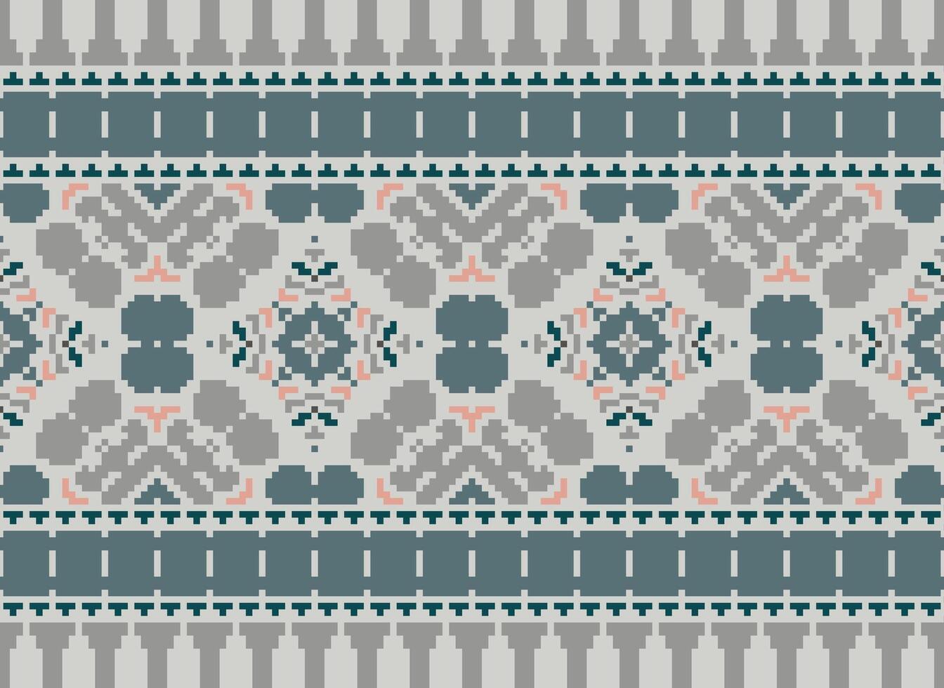 Pixel Cross Stitch pattern with Floral Designs. Traditional cross stitch needlework. Geometric Ethnic pattern, Embroidery, Textile ornamentation, fabric, Hand stitched pattern, pixel art. vector