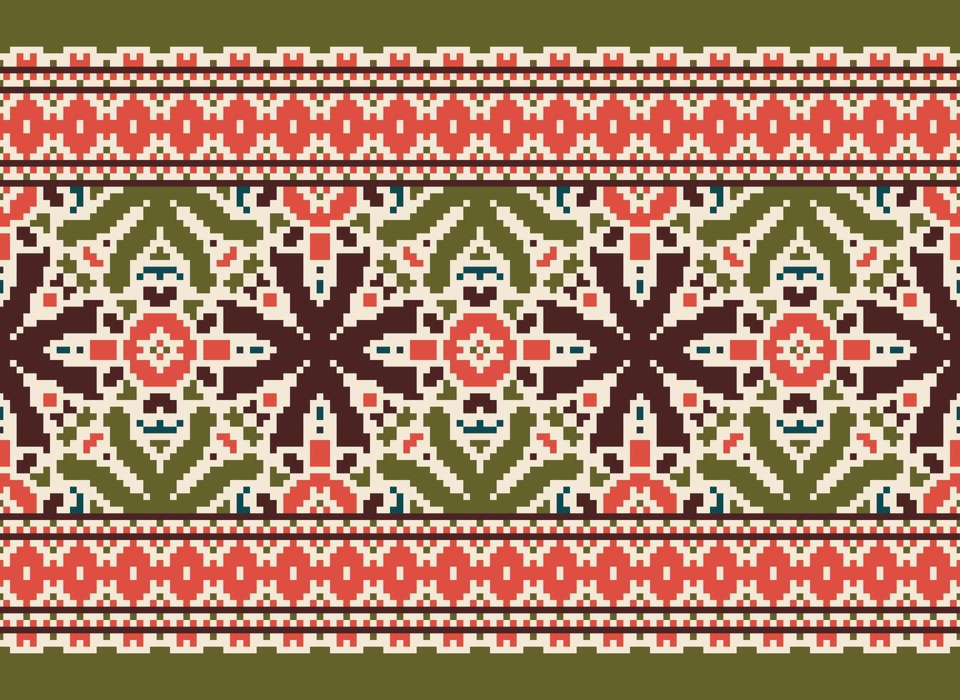 Cross Stitch pattern with Floral Designs. Traditional cross stitch needlework. Geometric Ethnic pattern, Embroidery, Textile ornamentation, fabric, Hand stitched pattern, Cultural stitching pixel art. vector