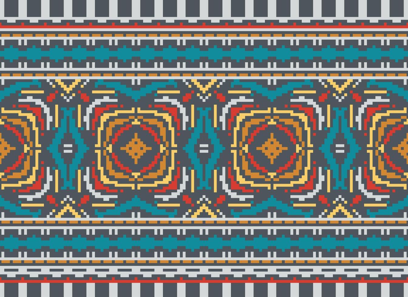 Cross Stitch pattern with Floral Designs. Traditional cross stitch needlework. Geometric Ethnic pattern, Embroidery, Textile ornamentation, fabric, Hand stitched pattern, Cultural stitching pixel art. vector