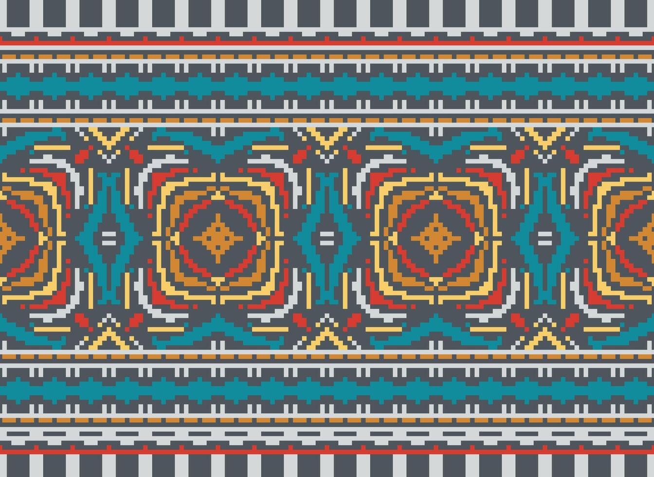 Cross Stitch pattern with Floral Designs. Traditional cross stitch needlework. Geometric Ethnic pattern, Embroidery, Textile ornamentation, fabric, Hand stitched pattern, Cultural stitching pixel art. vector