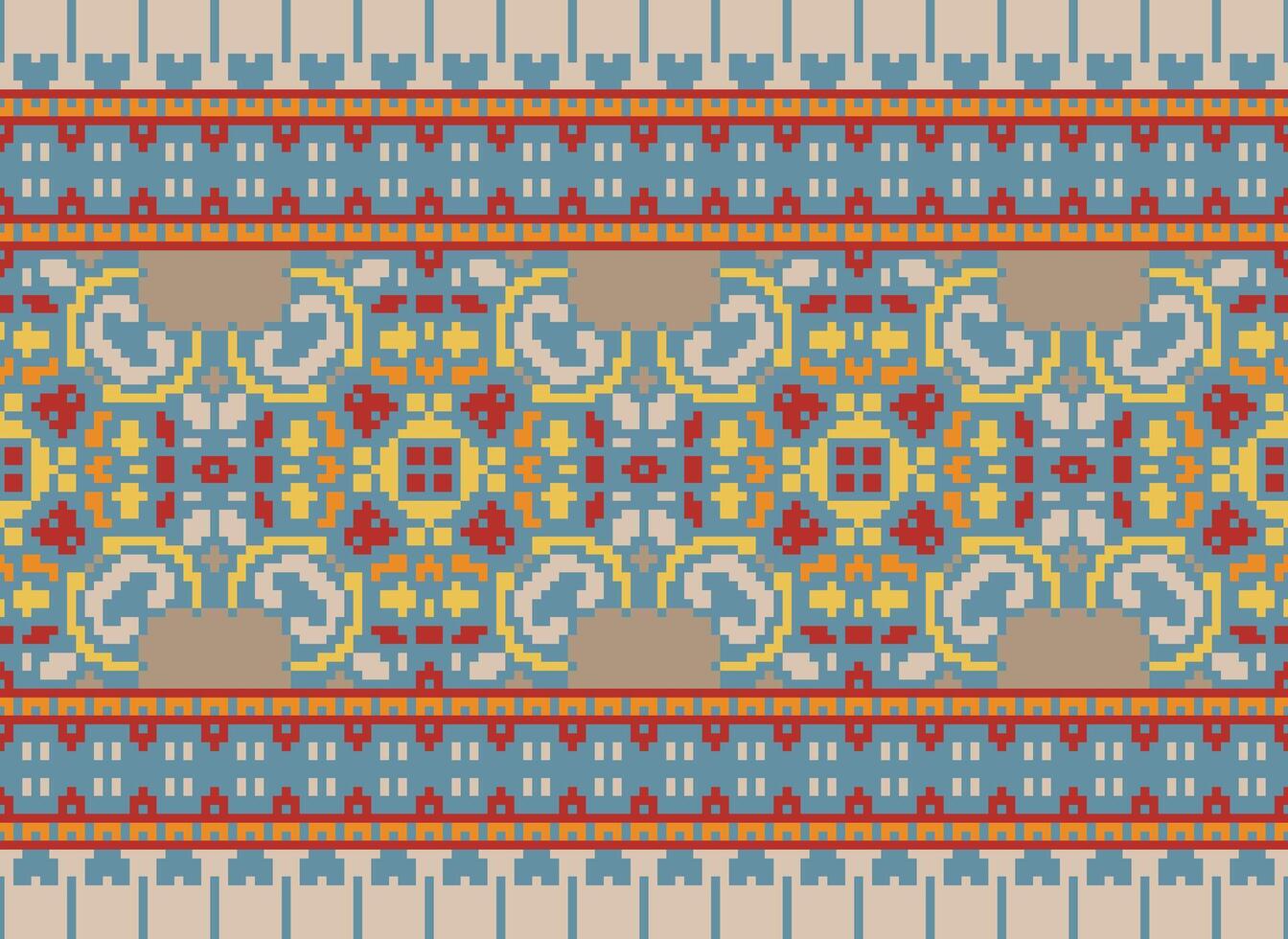 Pixel Cross Stitch pattern with Floral Designs. Traditional cross stitch needlework. Geometric Ethnic pattern, Embroidery, Textile ornamentation, fabric, Hand stitched pattern, pixel art. vector