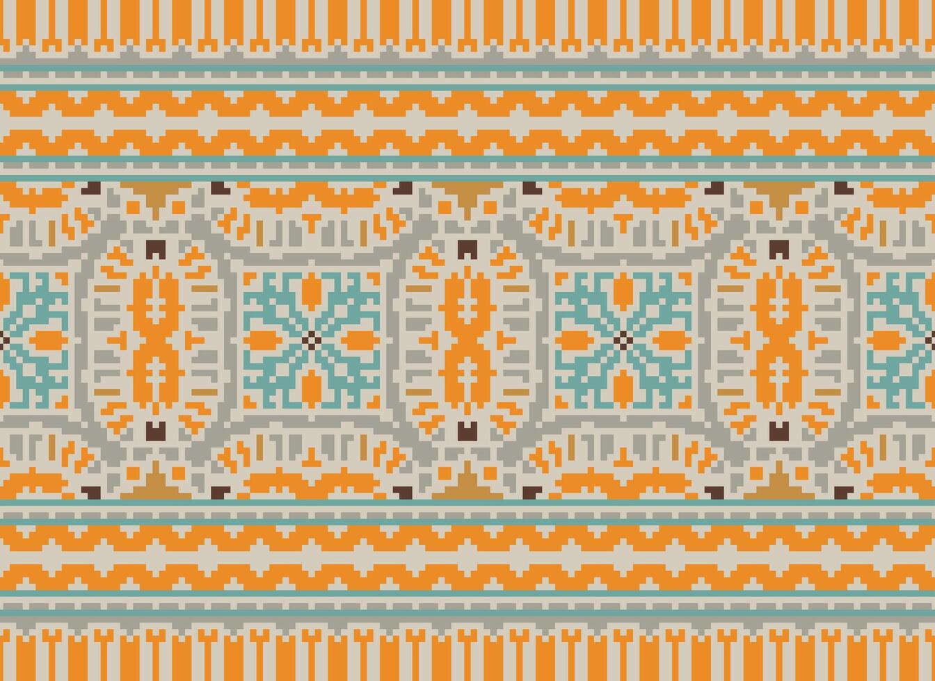 Cross Stitch pattern with Floral Designs. Traditional cross stitch needlework. Geometric Ethnic pattern, Embroidery, Textile ornamentation, fabric, Hand stitched pattern, Cultural stitching pixel art. vector