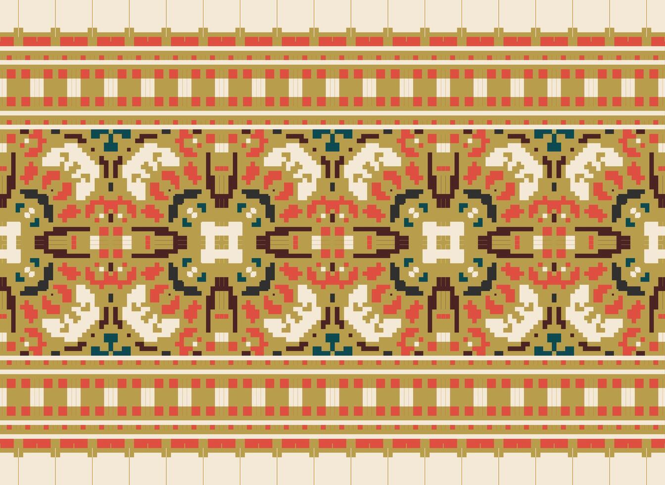 Cross Stitch pattern with Floral Designs. Traditional cross stitch needlework. Geometric Ethnic pattern, Embroidery, Textile ornamentation, fabric, Hand stitched pattern, Cultural stitching pixel art. vector