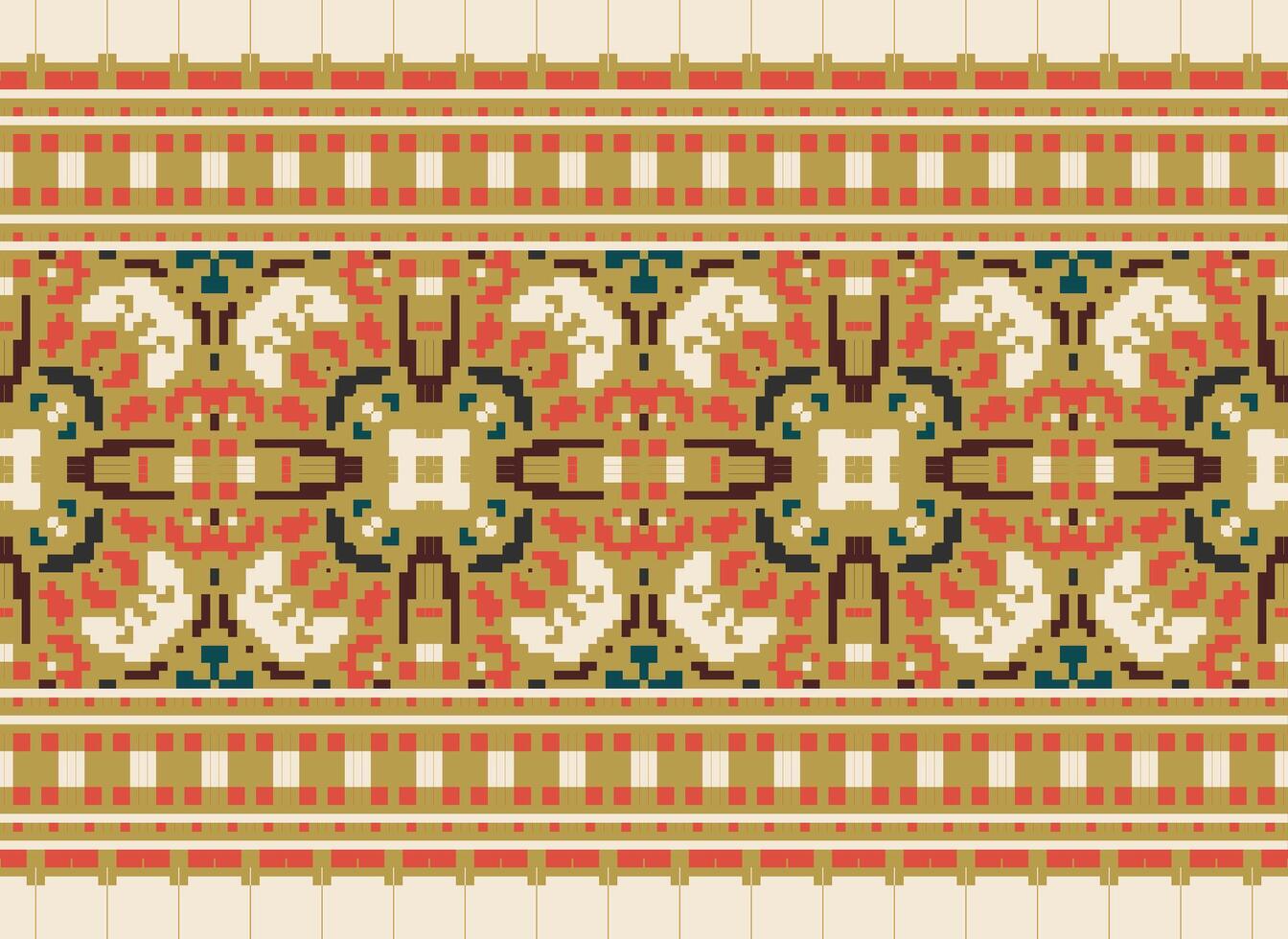 Cross Stitch pattern with Floral Designs. Traditional cross stitch needlework. Geometric Ethnic pattern, Embroidery, Textile ornamentation, fabric, Hand stitched pattern, Cultural stitching pixel art. vector