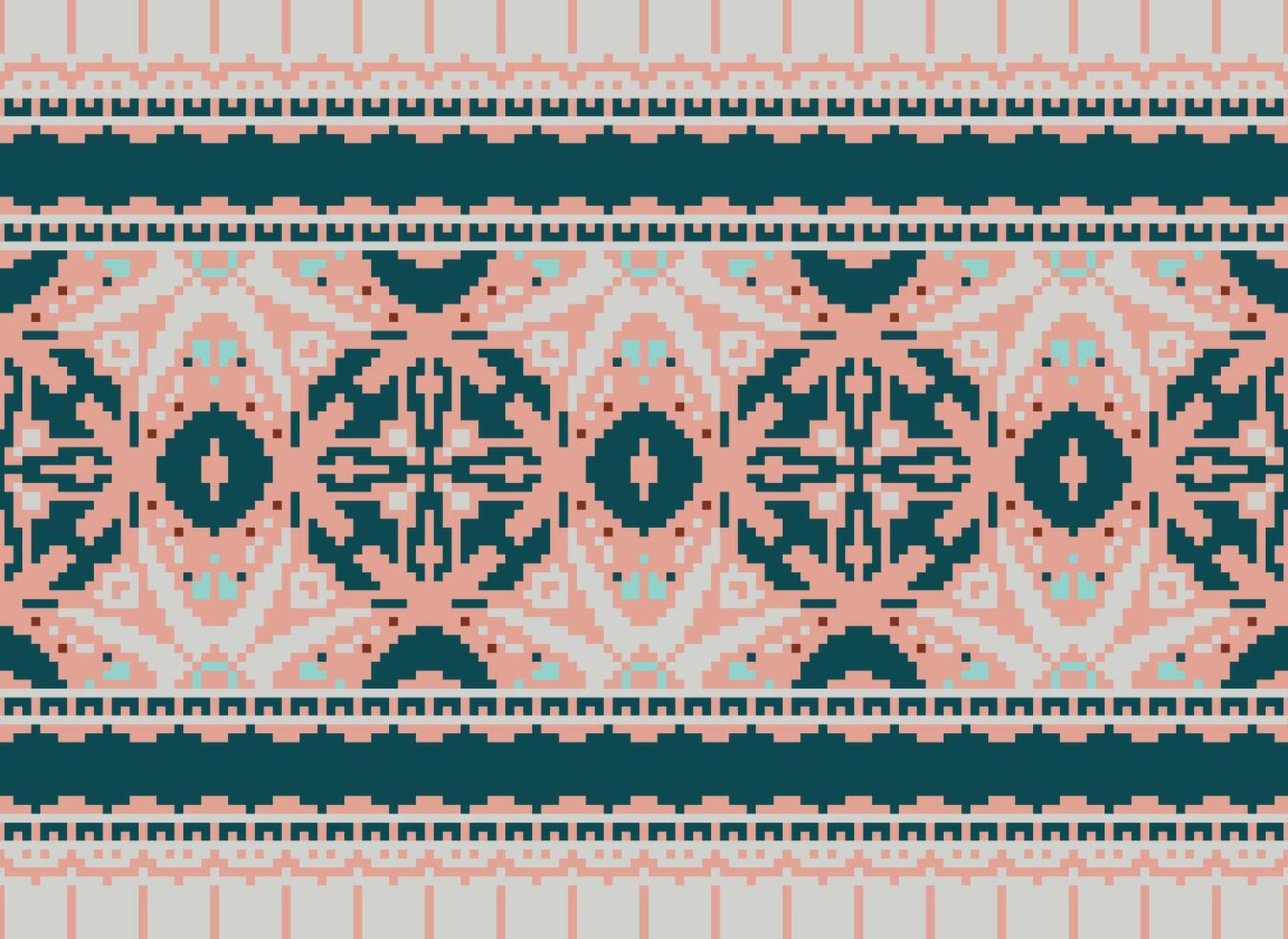 Pixel Cross Stitch pattern with Floral Designs. Traditional cross stitch needlework. Geometric Ethnic pattern, Embroidery, Textile ornamentation, fabric, Hand stitched pattern, pixel art. vector