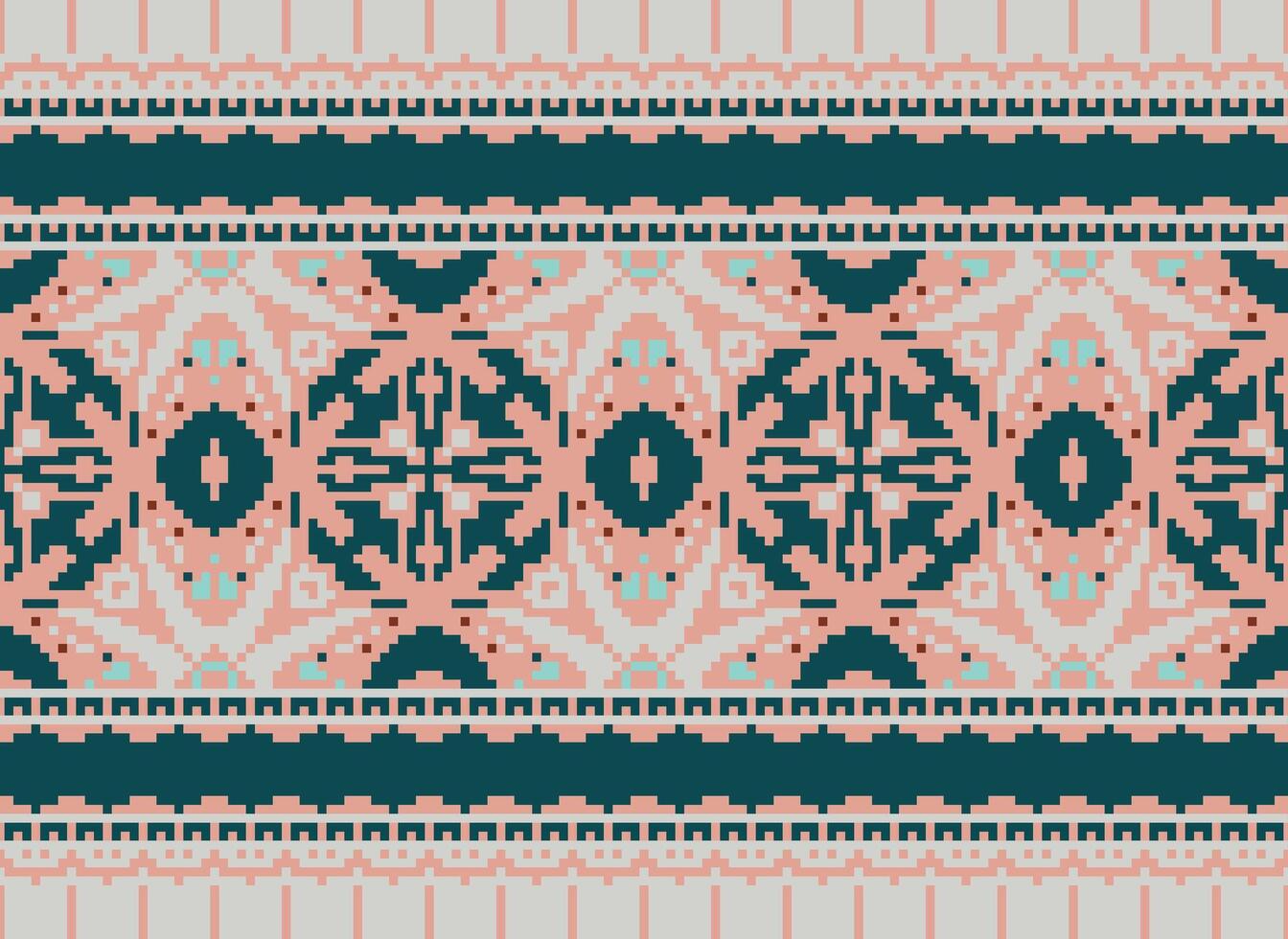 Pixel Cross Stitch pattern with Floral Designs. Traditional cross stitch needlework. Geometric Ethnic pattern, Embroidery, Textile ornamentation, fabric, Hand stitched pattern, pixel art. vector