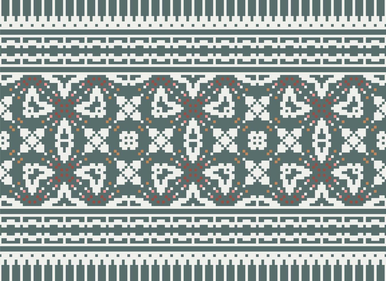 Cross Stitch pattern with Floral Designs. Traditional cross stitch needlework. Geometric Ethnic pattern, Embroidery, Textile ornamentation, fabric, Hand stitched pattern, Cultural stitching pixel art. vector