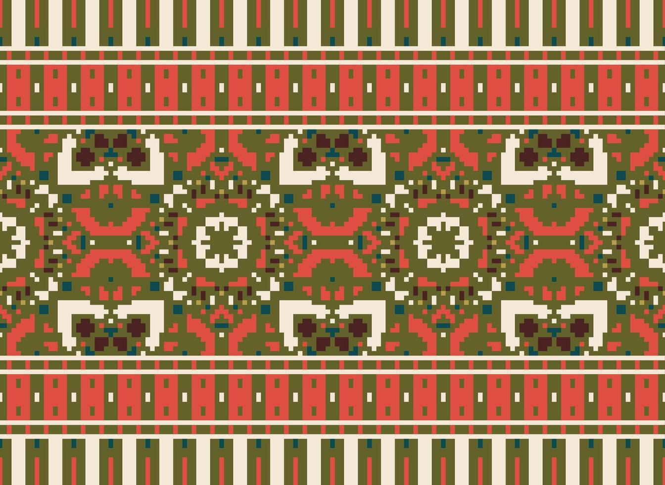 Cross Stitch pattern with Floral Designs. Traditional cross stitch needlework. Geometric Ethnic pattern, Embroidery, Textile ornamentation, fabric, Hand stitched pattern, Cultural stitching pixel art. vector