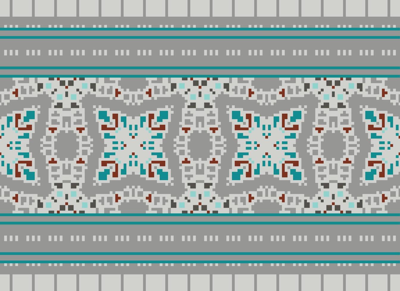 Pixel Cross Stitch pattern with Floral Designs. Traditional cross stitch needlework. Geometric Ethnic pattern, Embroidery, Textile ornamentation, fabric, Hand stitched pattern, pixel art. vector