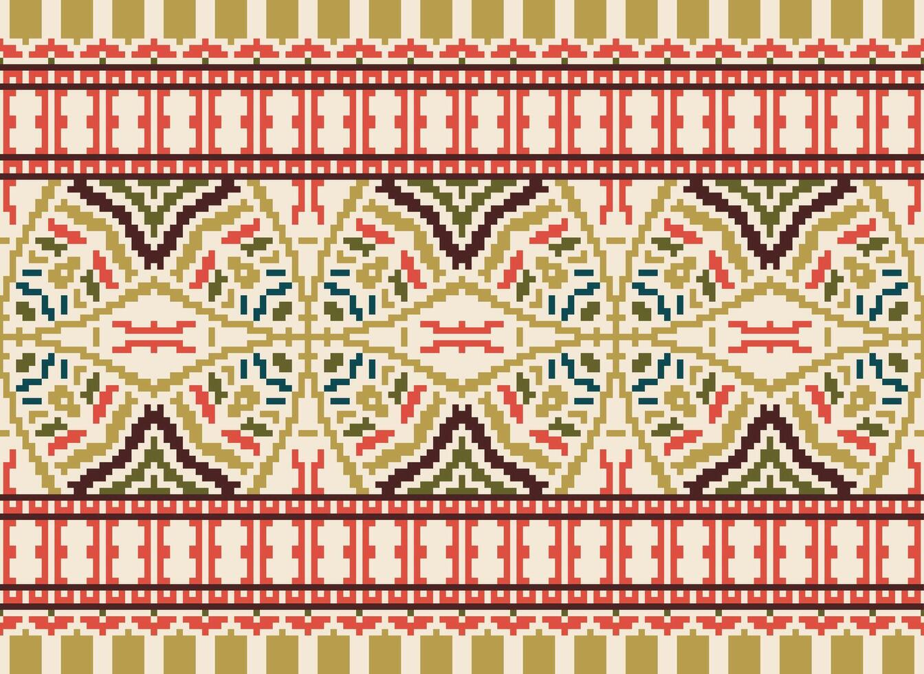 Cross Stitch pattern with Floral Designs. Traditional cross stitch needlework. Geometric Ethnic pattern, Embroidery, Textile ornamentation, fabric, Hand stitched pattern, Cultural stitching pixel art. vector