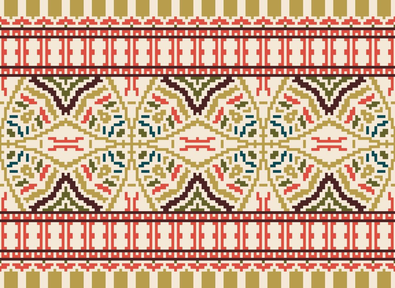 Cross Stitch pattern with Floral Designs. Traditional cross stitch needlework. Geometric Ethnic pattern, Embroidery, Textile ornamentation, fabric, Hand stitched pattern, Cultural stitching pixel art. vector