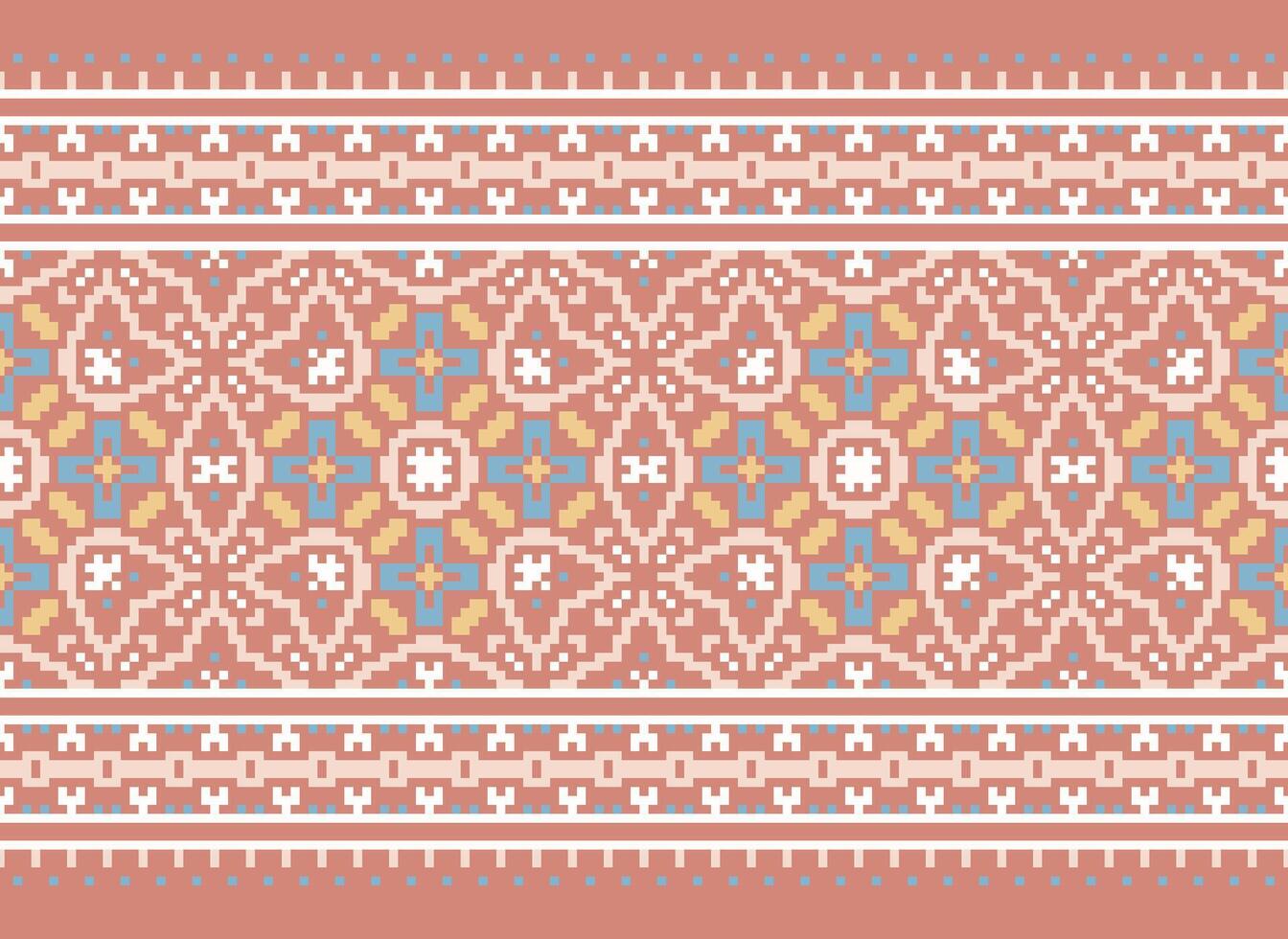 Pixel Cross Stitch pattern with Floral Designs. Traditional cross stitch needlework. Geometric Ethnic pattern, Embroidery, Textile ornamentation, fabric, Hand stitched pattern, pixel art. vector