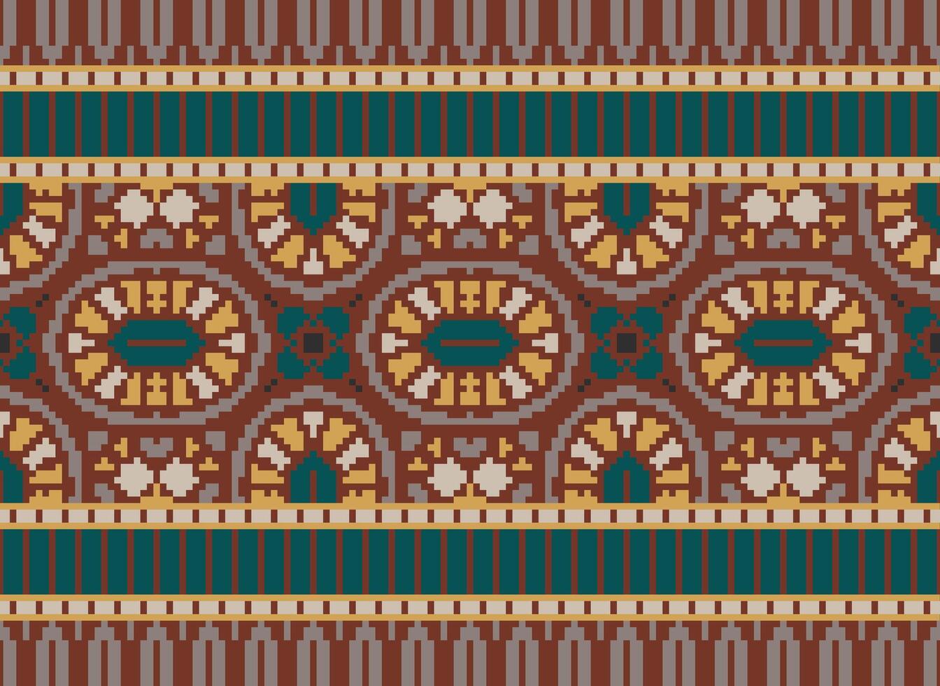 Cross Stitch pattern with Floral Designs. Traditional cross stitch needlework. Geometric Ethnic pattern, Embroidery, Textile ornamentation, fabric, Hand stitched pattern, Cultural stitching pixel art. vector