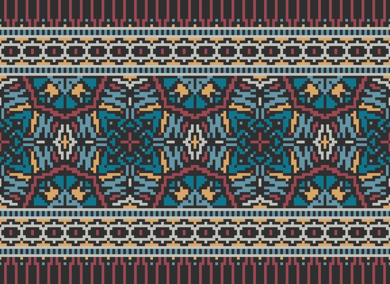 Cross Stitch pattern with Floral Designs. Traditional cross stitch needlework. Geometric Ethnic pattern, Embroidery, Textile ornamentation, fabric, Hand stitched pattern, Cultural stitching pixel art. vector