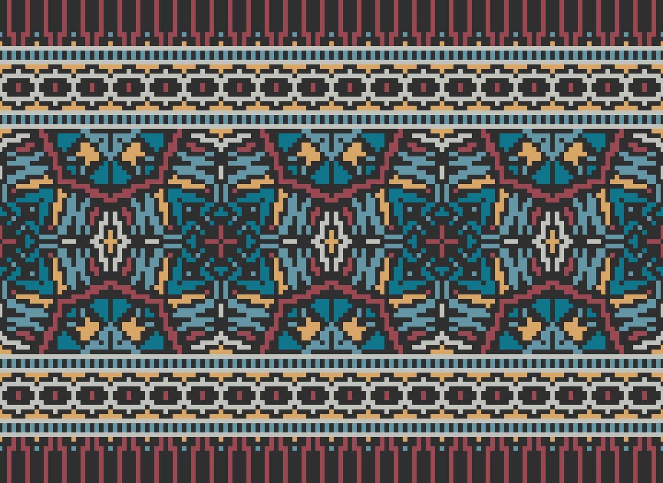 Cross Stitch pattern with Floral Designs. Traditional cross stitch needlework. Geometric Ethnic pattern, Embroidery, Textile ornamentation, fabric, Hand stitched pattern, Cultural stitching pixel art. vector