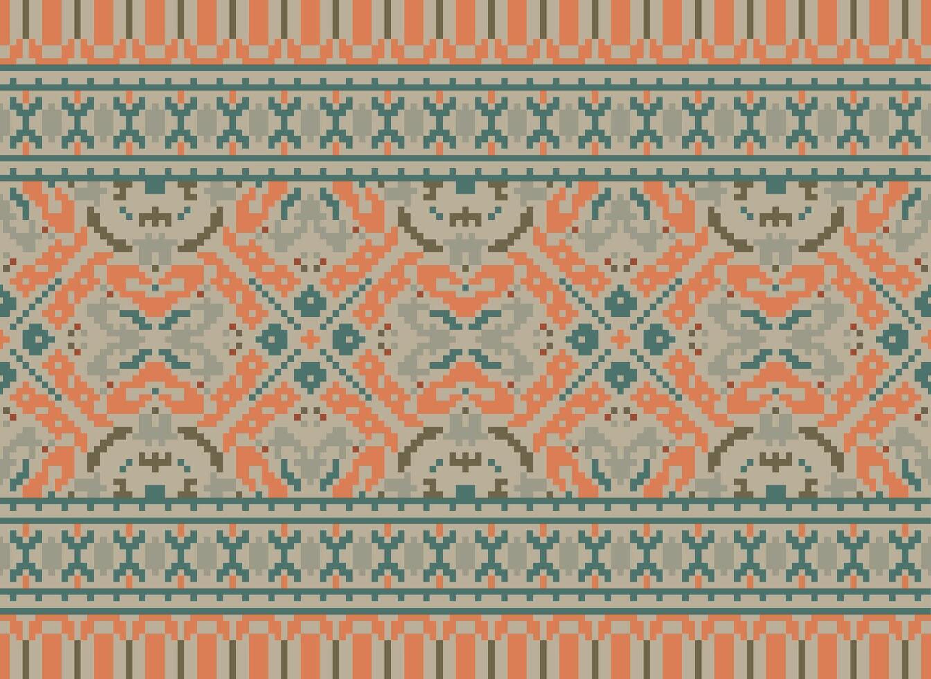 Cross Stitch pattern with Floral Designs. Traditional cross stitch needlework. Geometric Ethnic pattern, Embroidery, Textile ornamentation, fabric, Hand stitched pattern, Cultural stitching pixel art. vector