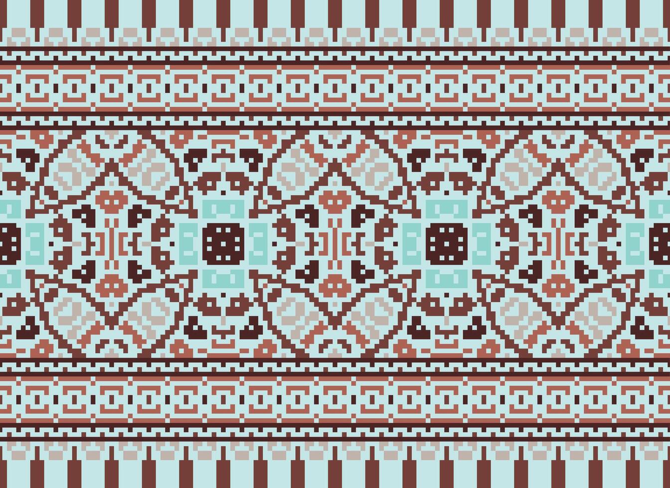 Cross Stitch pattern with Floral Designs. Traditional cross stitch needlework. Geometric Ethnic pattern, Embroidery, Textile ornamentation, fabric, Hand stitched pattern, Cultural stitching pixel art. vector