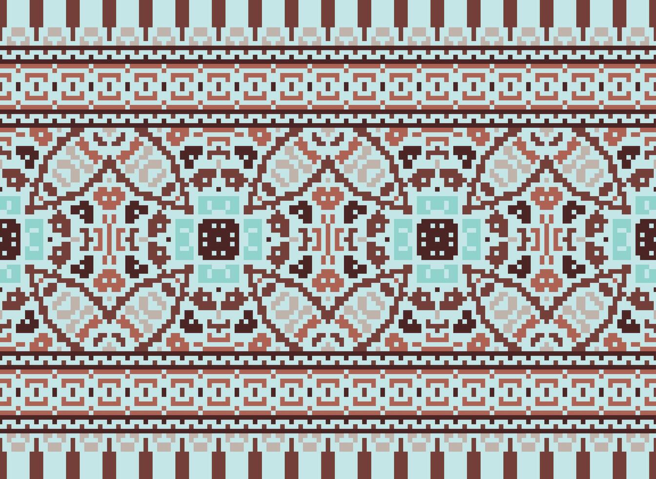 Cross Stitch pattern with Floral Designs. Traditional cross stitch needlework. Geometric Ethnic pattern, Embroidery, Textile ornamentation, fabric, Hand stitched pattern, Cultural stitching pixel art. vector