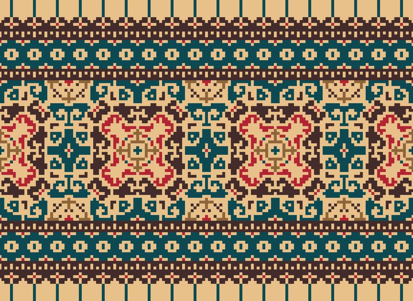 Cross Stitch pattern with Floral Designs. Traditional cross stitch needlework. Geometric Ethnic pattern, Embroidery, Textile ornamentation, fabric, Hand stitched pattern, Cultural stitching pixel art. vector