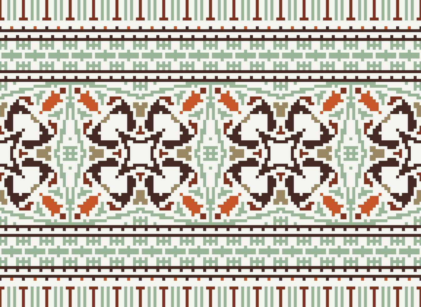 Pixel Cross Stitch pattern with Floral Designs. Traditional cross stitch needlework. Geometric Ethnic pattern, Embroidery, Textile ornamentation, fabric, Hand stitched pattern, pixel art. vector