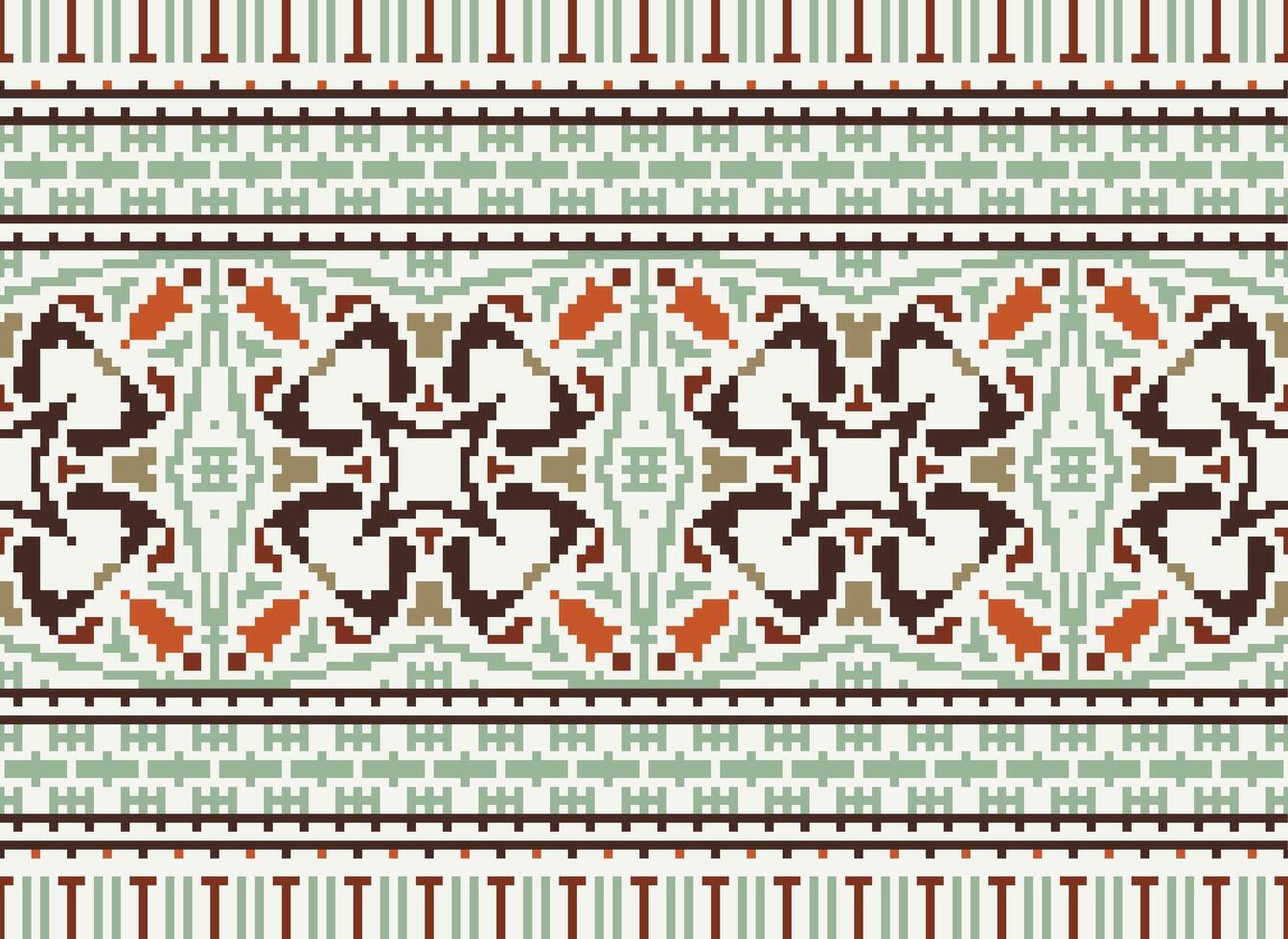 píxel cruzar puntada modelo con floral diseños tradicional cruzar puntada costura. geométrico étnico patrón, bordado, textil ornamentación, tela, mano cosido patrón, píxel Arte. vector