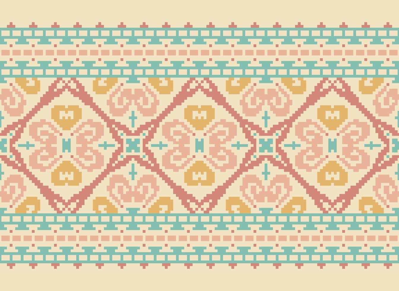 Cross Stitch Embroidery. Ethnic Patterns. Native Style. Traditional Design for texture, textile, fabric, clothing, Knitwear, print. Geometric Pixel Horizontal Seamless Vector. vector