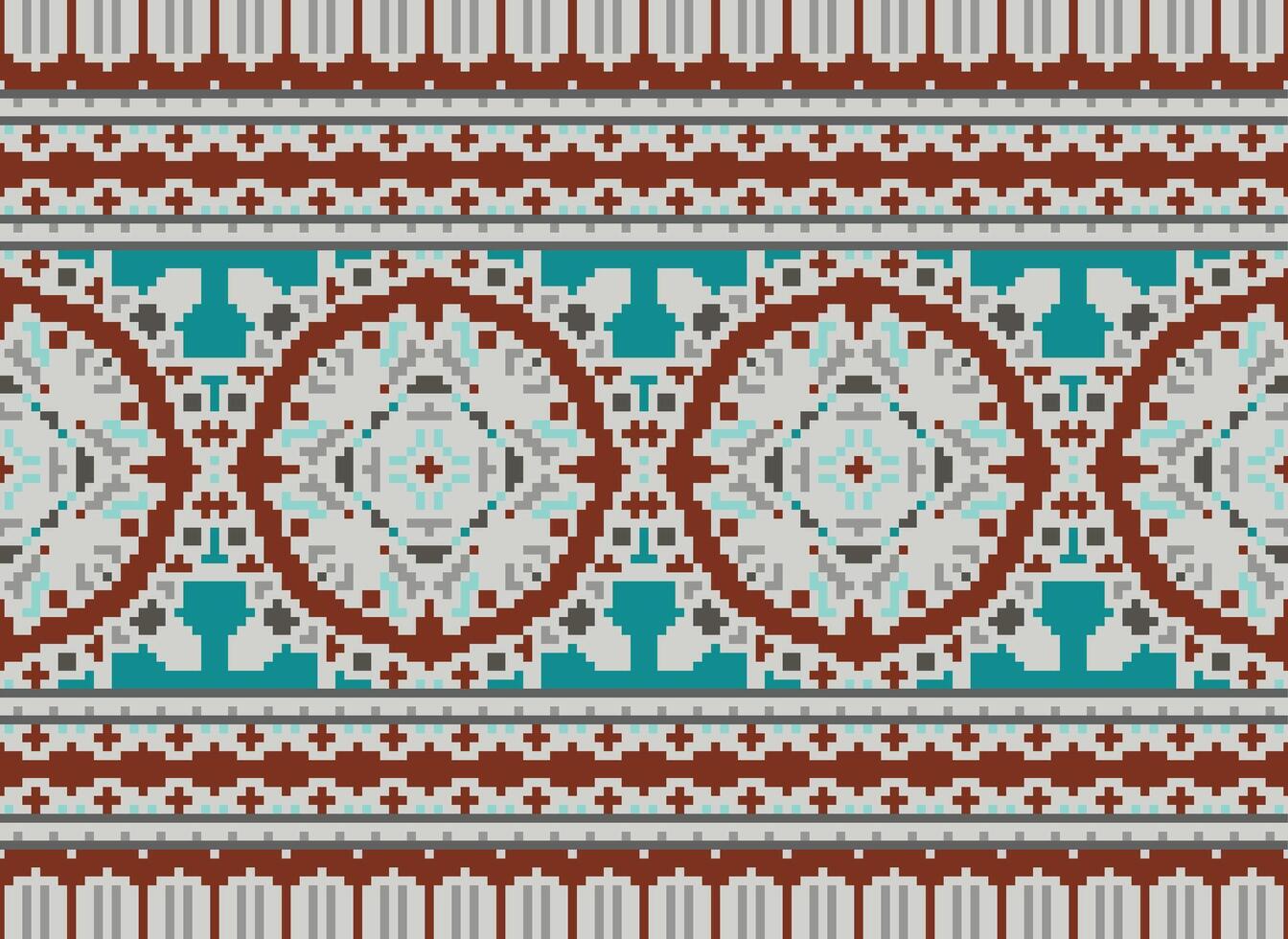 Pixel Cross Stitch pattern with Floral Designs. Traditional cross stitch needlework. Geometric Ethnic pattern, Embroidery, Textile ornamentation, fabric, Hand stitched pattern, pixel art. vector