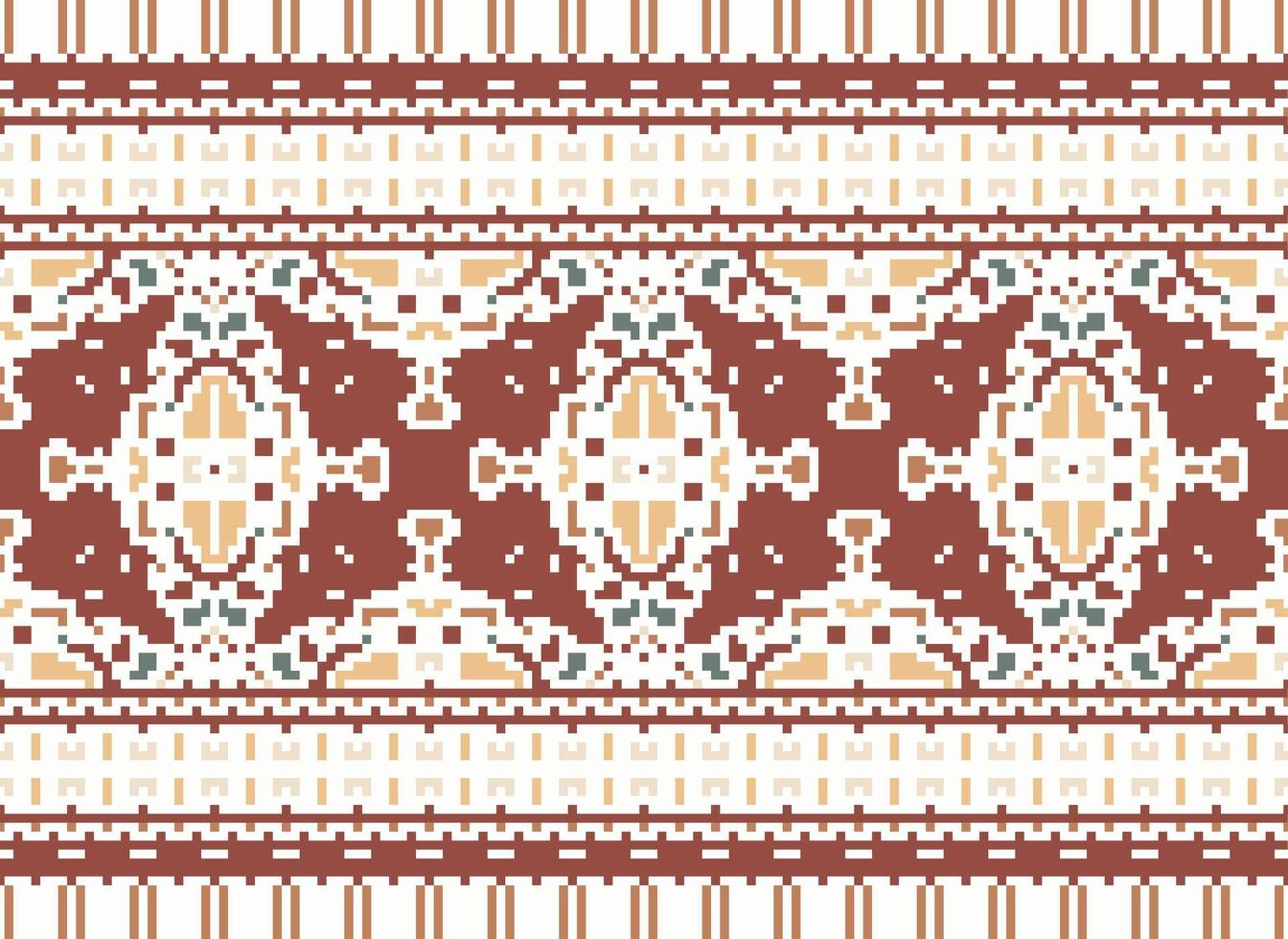 Cross Stitch Border. Embroidery Cross Stitch. Ethnic Patterns. Geometric Ethnic Indian pattern. Native Ethnic pattern.Texture Textile Fabric Clothing Knitwear print. Pixel Horizontal Seamless Vector. vector
