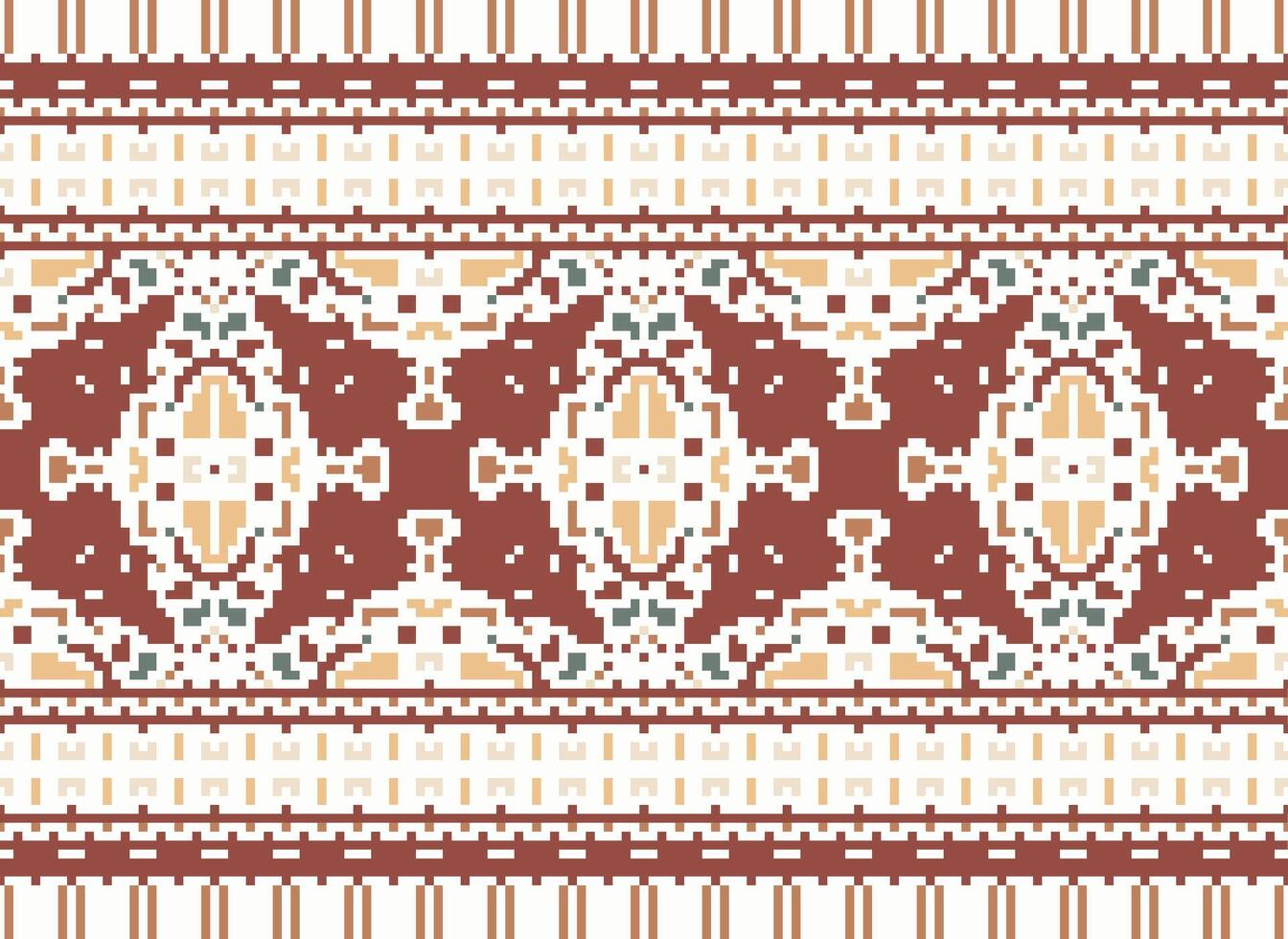 Cross Stitch Border. Embroidery Cross Stitch. Ethnic Patterns. Geometric Ethnic Indian pattern. Native Ethnic pattern.Texture Textile Fabric Clothing Knitwear print. Pixel Horizontal Seamless Vector. vector