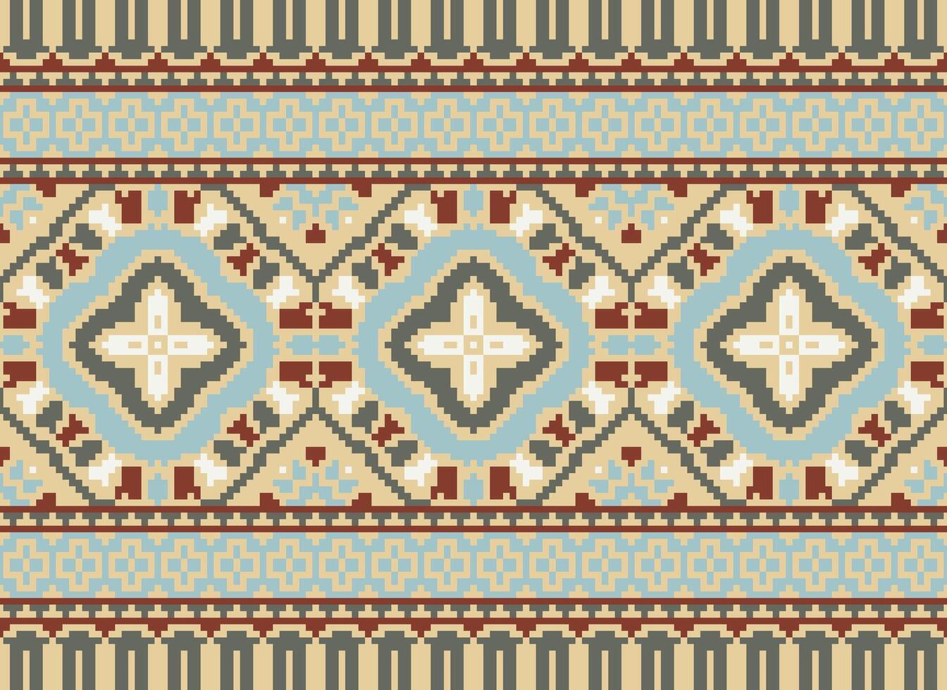 Pixel traditional ethnic pattern paisley flower Ikat background abstract Aztec African Indonesian Indian seamless pattern for fabric print cloth dress carpet curtains and sarong vector