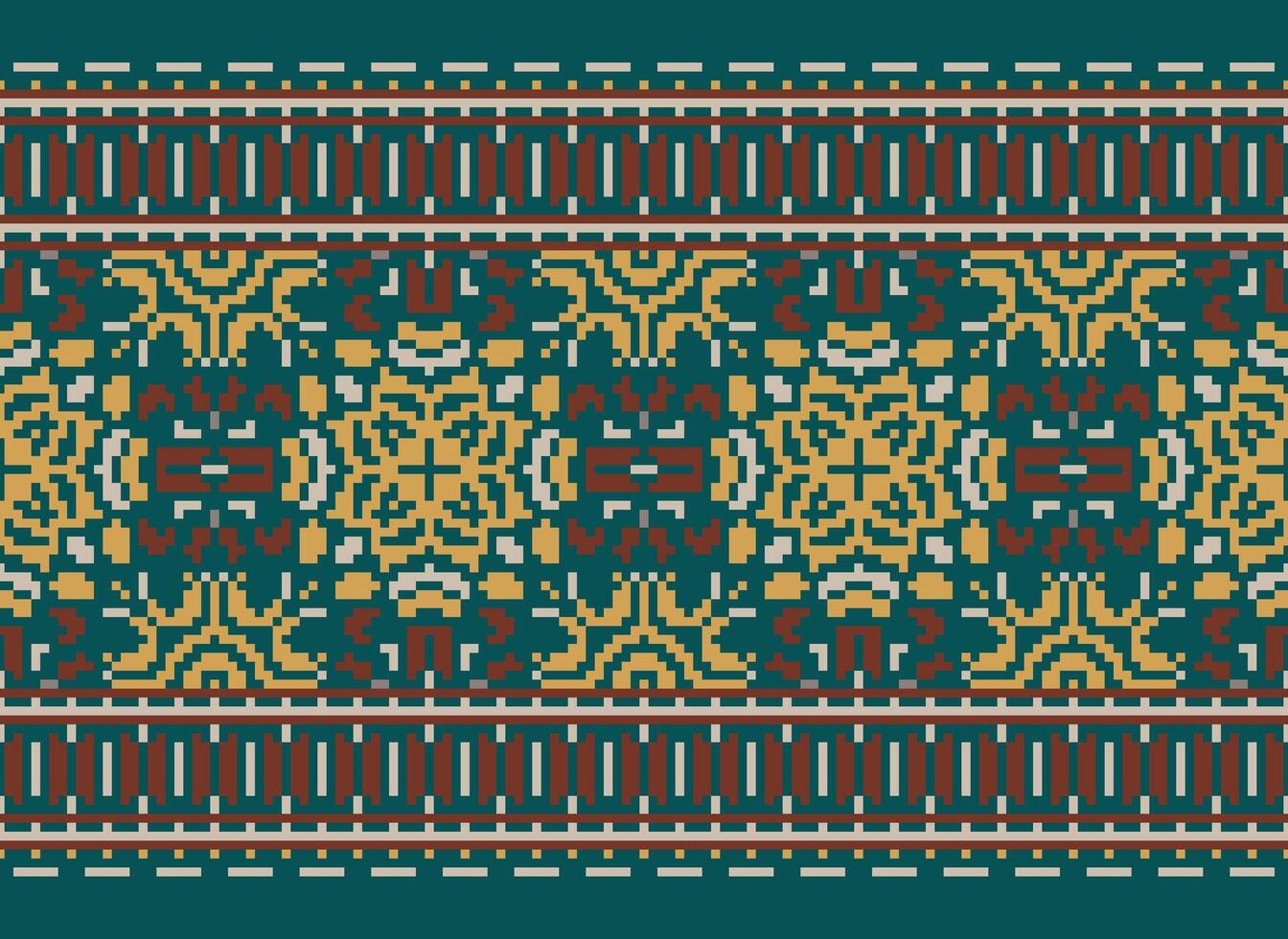 Cross Stitch pattern with Floral Designs. Traditional cross stitch needlework. Geometric Ethnic pattern, Embroidery, Textile ornamentation, fabric, Hand stitched pattern, Cultural stitching pixel art. vector