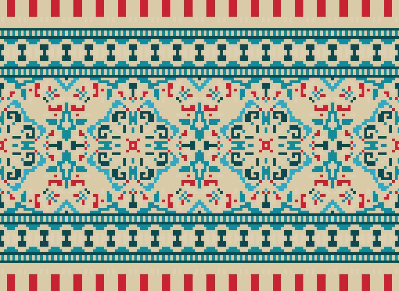 Cross Stitch pattern with Floral Designs. Traditional cross stitch needlework. Geometric Ethnic pattern, Embroidery, Textile ornamentation, fabric, Hand stitched pattern, Cultural stitching pixel art. vector