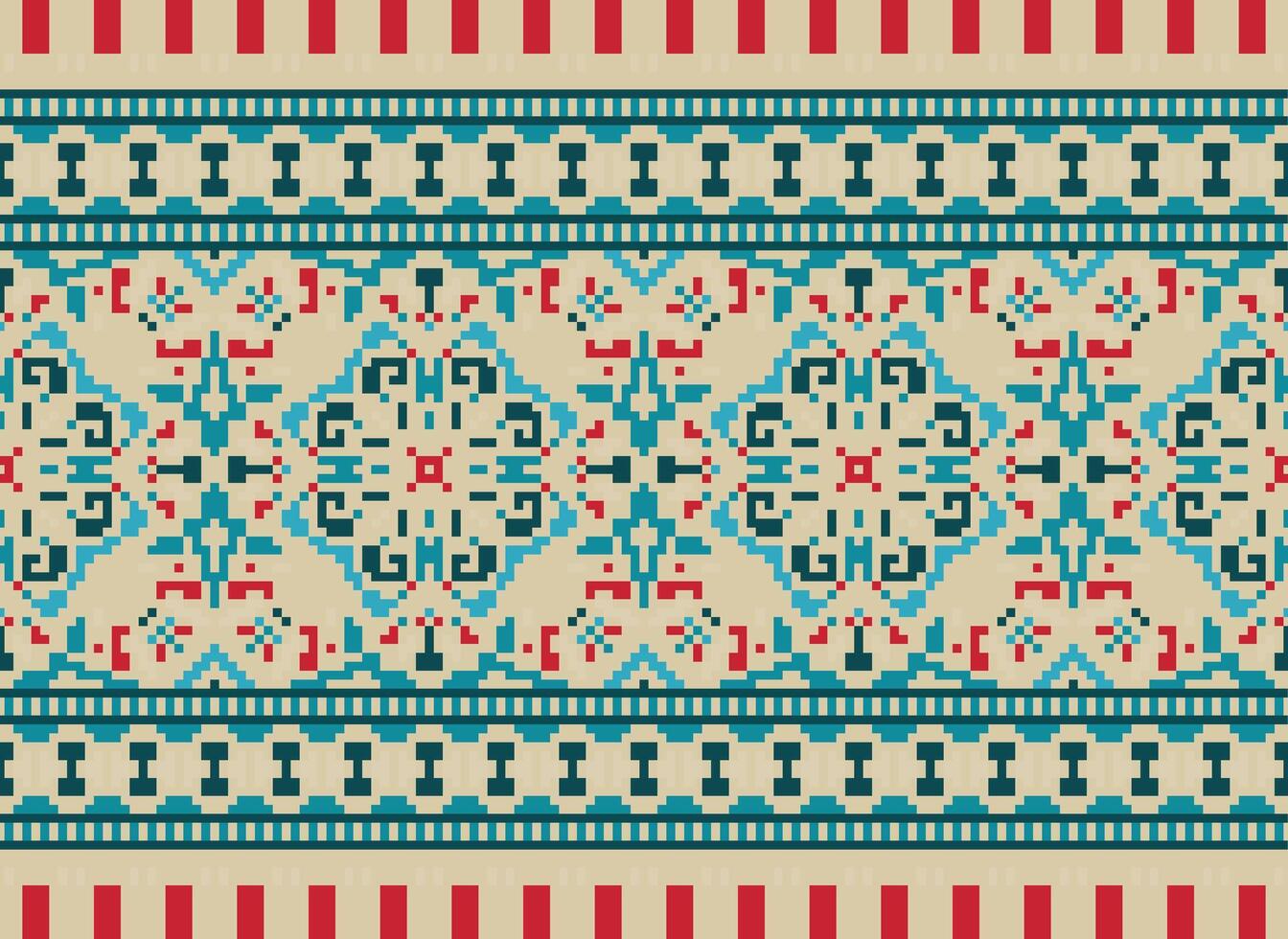 Cross Stitch pattern with Floral Designs. Traditional cross stitch needlework. Geometric Ethnic pattern, Embroidery, Textile ornamentation, fabric, Hand stitched pattern, Cultural stitching pixel art. vector